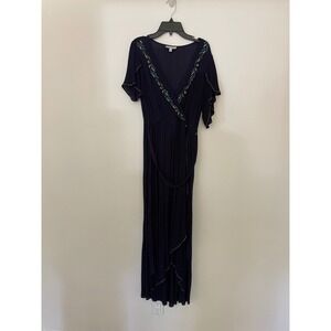 Patrons of Peace Navy Blue Embroidered V-Neck Maxi Dress Small Boho Rayon